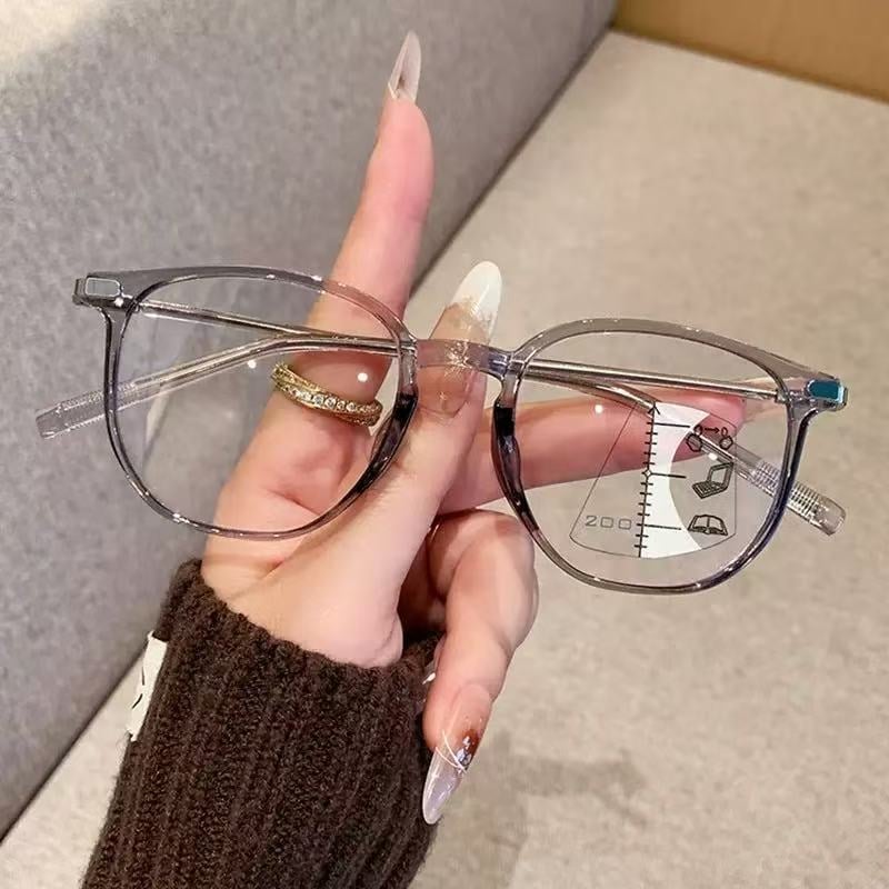 Olvasó szemüveg multifokális lencsékkel és kékfény-szűrővel, távolság- és közeli használathoz, teljes keret, műanyag és fém