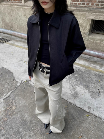 Ανδρικό μπουφάν με φερμουάρ, πέτο γιακά, χαλαρή εφαρμογή, πλαϊνές τσέπες