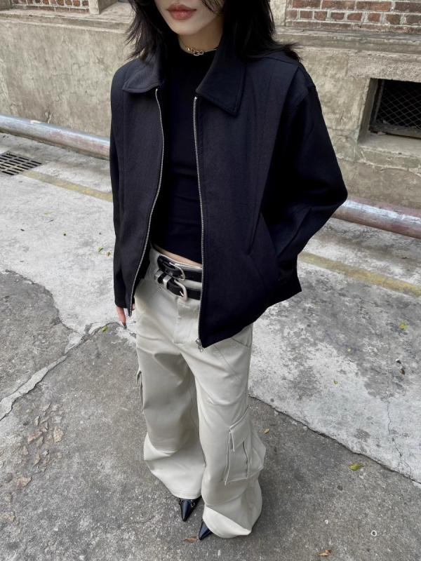 Ανδρικό μπουφάν με φερμουάρ, πέτο γιακά, χαλαρή εφαρμογή, πλαϊνές τσέπες