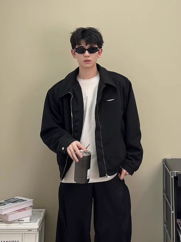 Muška Harrington jakna - jesenji streetwear, prednji zip, rever, opuštena kroj, raglan rukavi, džepovi s patch detaljima