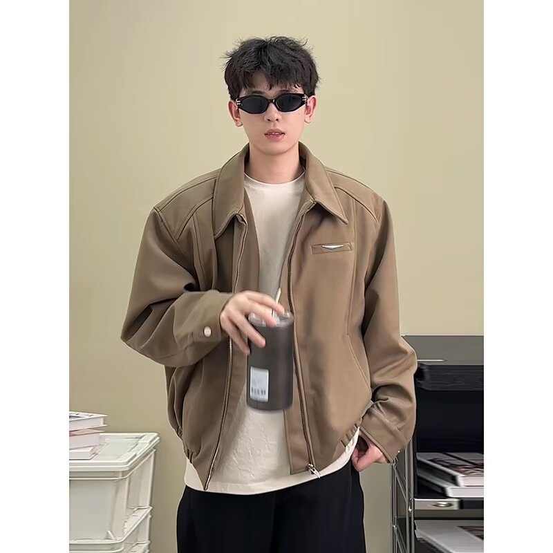 Muška Harrington jakna - jesenji streetwear, prednji zip, rever, opuštena kroj, raglan rukavi, džepovi s patch detaljima