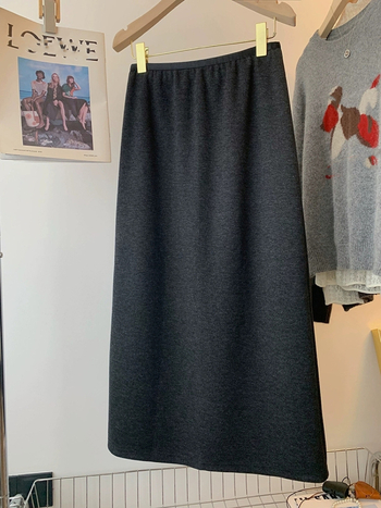 Fustă midi din lână, talie elastică, despicare, amestec cașmir-poliester