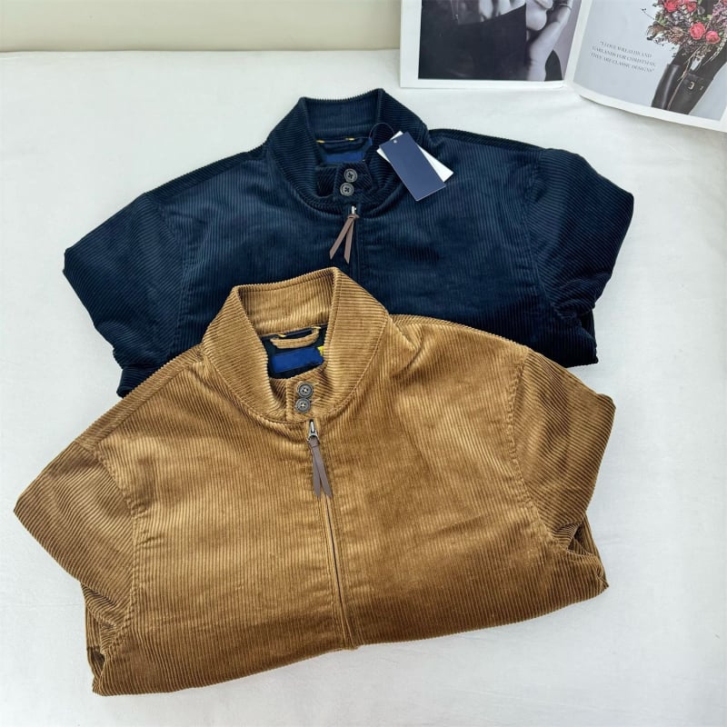 Corduroy Harrington jakna s izšivkom, pamukasti materijal, stojeći ovratnik, zip, više džepova