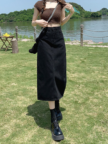 Fustă denim midi, model solid, poliester sub 30%, iarnă 2025