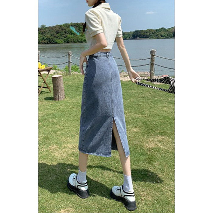 Fustă denim midi, model solid, poliester sub 30%, iarnă 2025