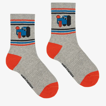 Gyerek zokni, jacquard kötés, kifésült pamut, lélegző és nedvességelnyelő, mintázat karikatúrák és betűk