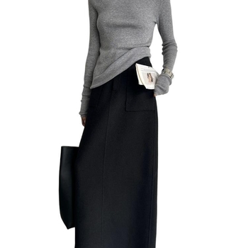Fustă lungă PVC, talie înaltă, slit, Hepburn francez inspirat, stil regal