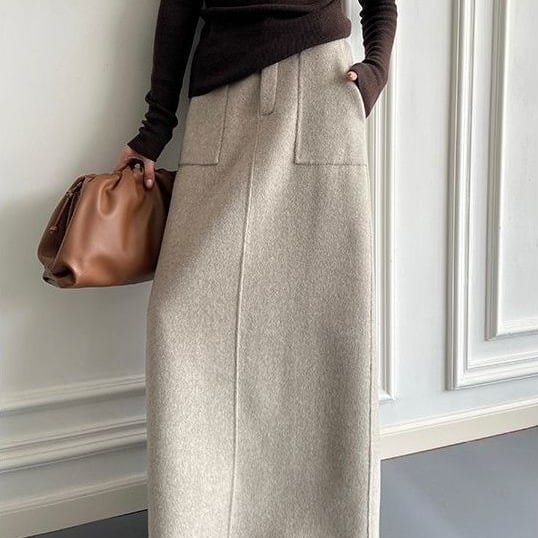 Fustă lungă PVC, talie înaltă, slit, Hepburn francez inspirat, stil regal