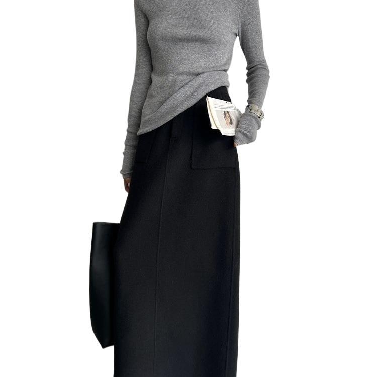 Fustă lungă PVC, talie înaltă, slit, Hepburn francez inspirat, stil regal