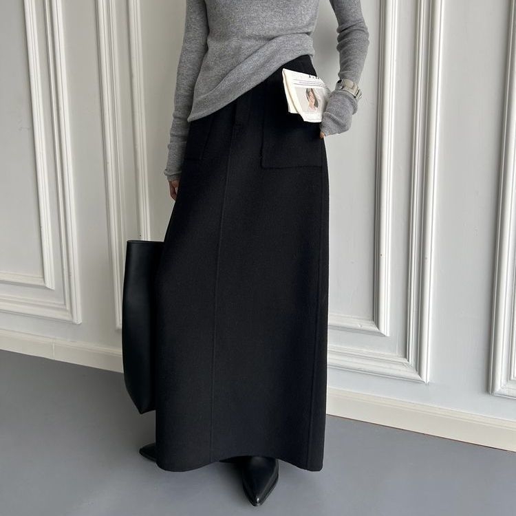 Fustă lungă PVC, talie înaltă, slit, Hepburn francez inspirat, stil regal