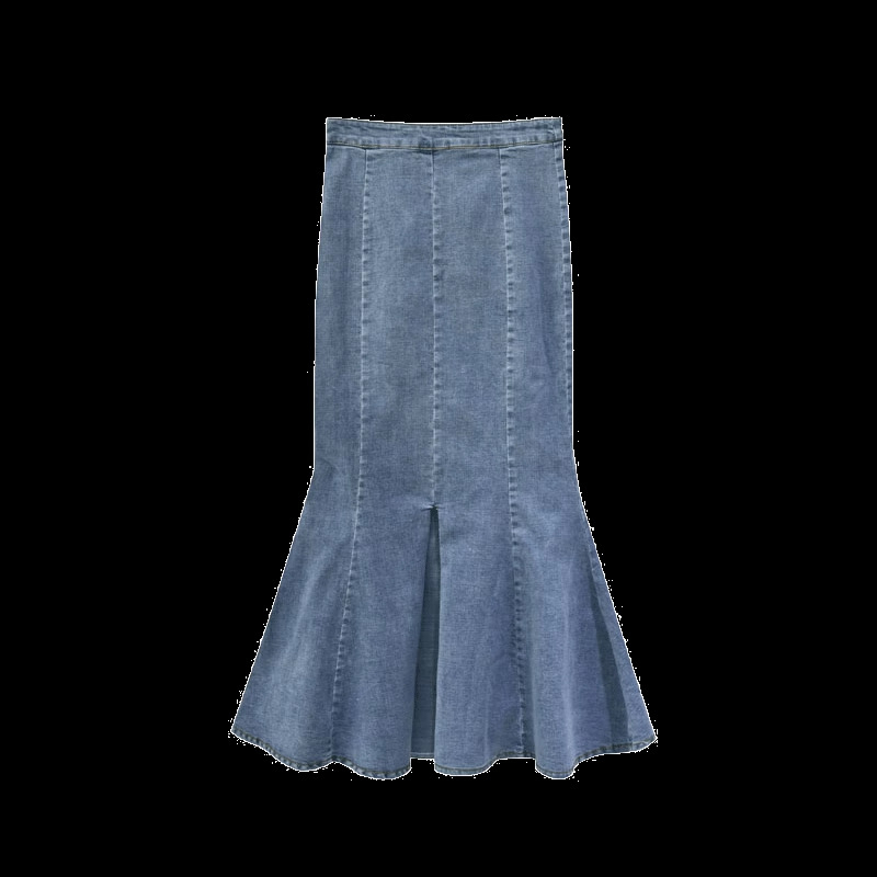 Fustă denim în linie A, talie înaltă, despicare, croială fishtail; material: denim din bumbac, elasticitate mare, toamnă 2024