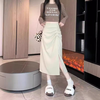 Fustă midi în linie A, cu despicătură, poliester, model 3D, tratament anti-șifonare, 80–90% poliester, vară 2024