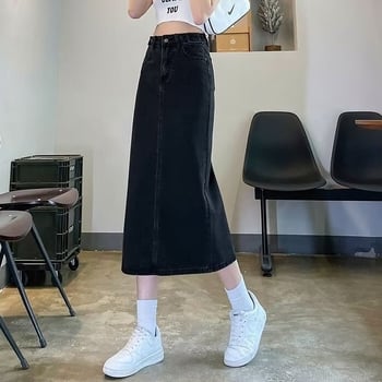 A-linijska denim midi suknja — jednodobojni uzorak, poliesterska tkanina, sadržaj poliestera 30–50%, ljeto 2024