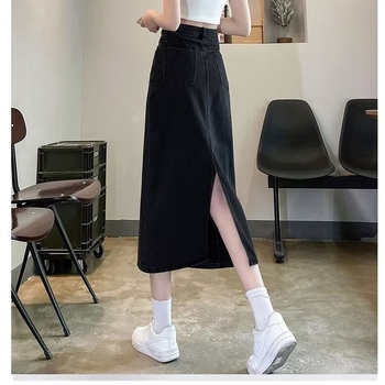 A-linijska denim midi suknja — jednodobojni uzorak, poliesterska tkanina, sadržaj poliestera 30–50%, ljeto 2024