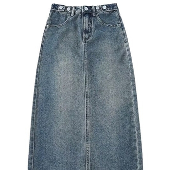 A-linijska denim midi suknja — jednodobojni uzorak, poliesterska tkanina, sadržaj poliestera 30–50%, ljeto 2024
