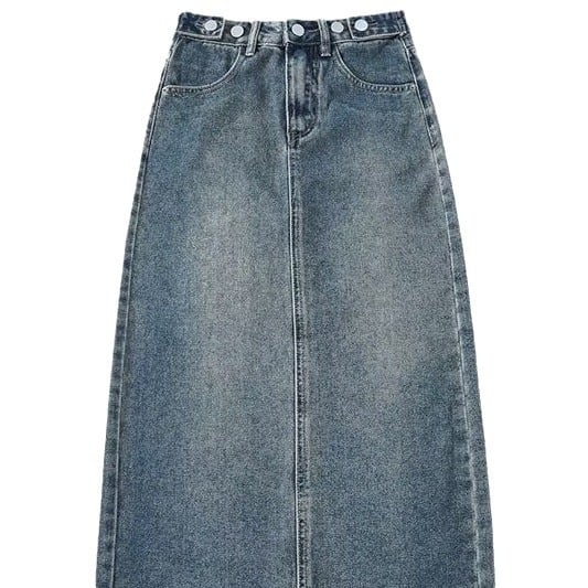 A-linijska denim midi suknja — jednodobojni uzorak, poliesterska tkanina, sadržaj poliestera 30–50%, ljeto 2024