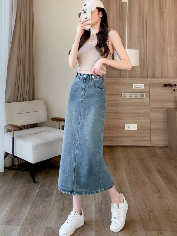 A-linijska denim midi suknja — jednodobojni uzorak, poliesterska tkanina, sadržaj poliestera 30–50%, ljeto 2024