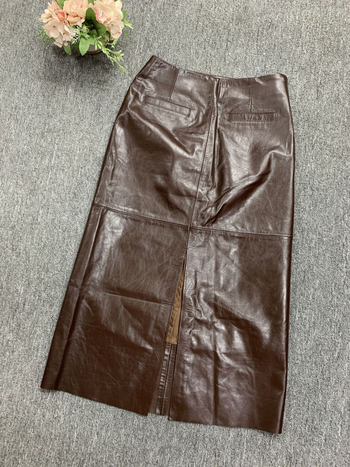 Suknja od kozje kože, visok pojas, srednja duljina, ravni kroj s otvorom, vintage uredski stil, jesen 2024