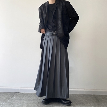 Plisirana midi suknja, Yamamoto stil, unisex, s dvostrukim pojasom, pamuk-poliester smjesa