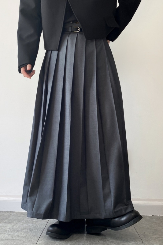 Plisirana midi suknja, Yamamoto stil, unisex, s dvostrukim pojasom, pamuk-poliester smjesa