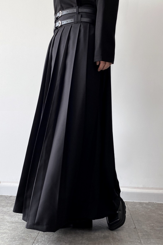 Plisirana midi suknja, Yamamoto stil, unisex, s dvostrukim pojasom, pamuk-poliester smjesa