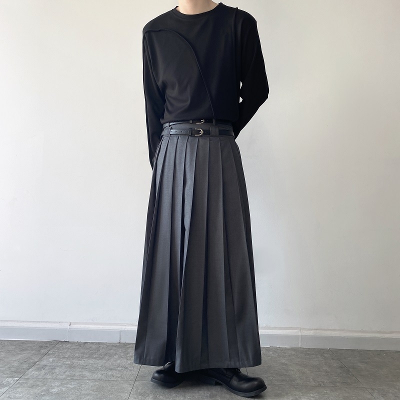 Plisirana midi suknja, Yamamoto stil, unisex, s dvostrukim pojasom, pamuk-poliester smjesa