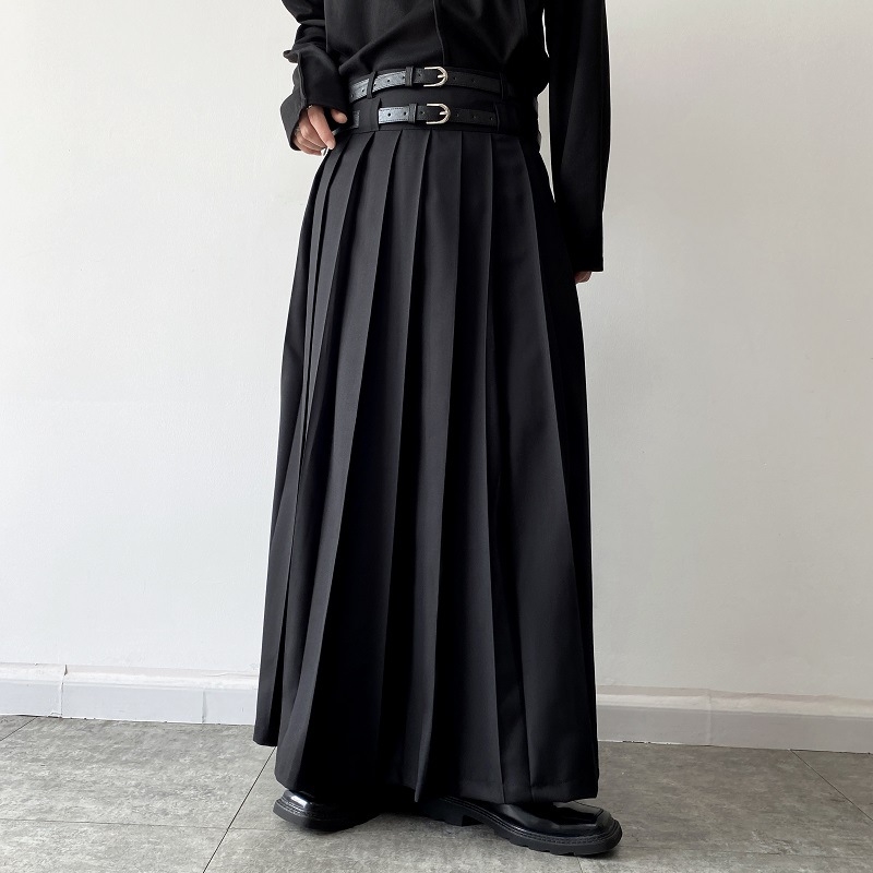 Plisirana midi suknja, Yamamoto stil, unisex, s dvostrukim pojasom, pamuk-poliester smjesa