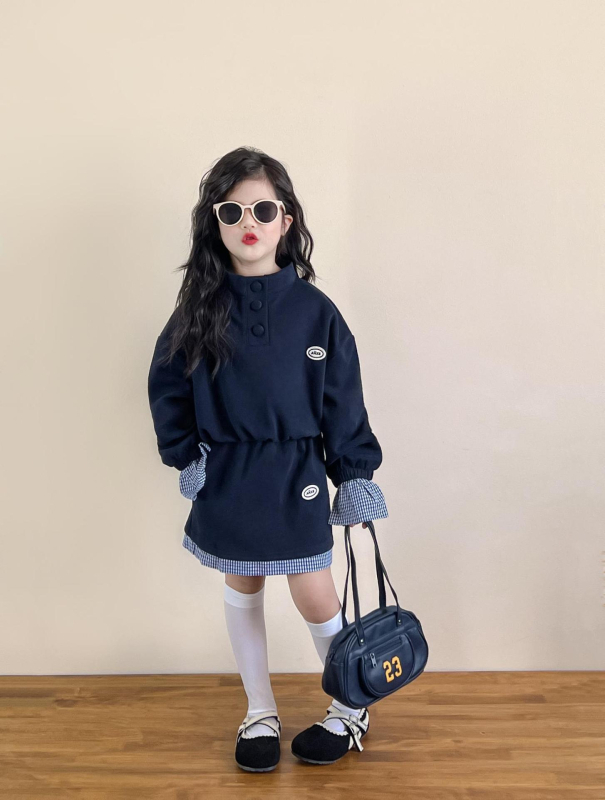 Dječji set: suknja i sweatshirt u korejskom stilu, jesen, s visokim ovratnikom i kariranim manžetama, pamukova smjesa (90% pamuk), za djevojčice 3–8 godina