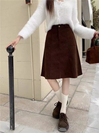 Corduroy suknja tip umbrella, visokim strukom, srednja dužina, Mercerizirana tkanina
