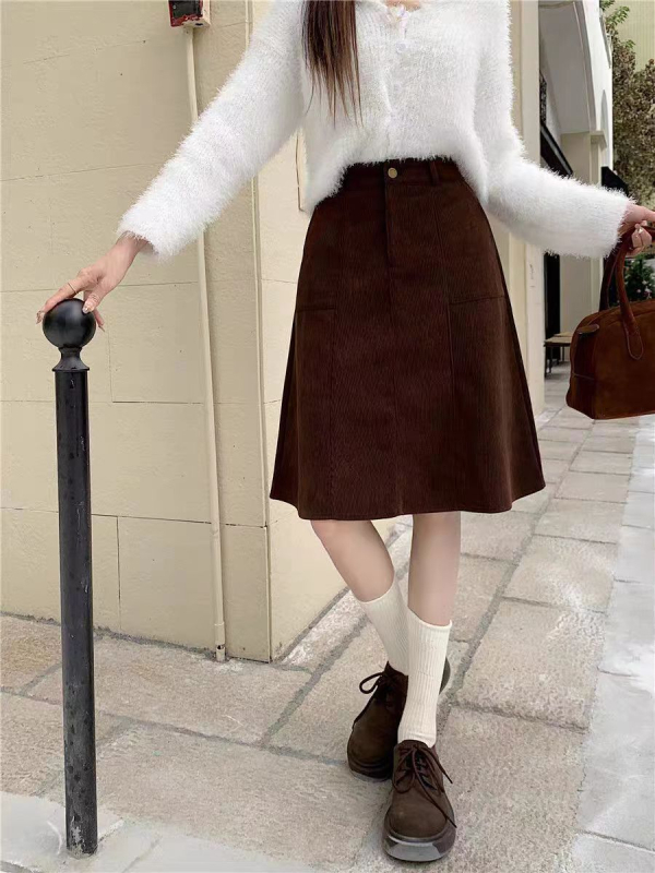 Corduroy suknja tip umbrella, visokim strukom, srednja dužina, Mercerizirana tkanina