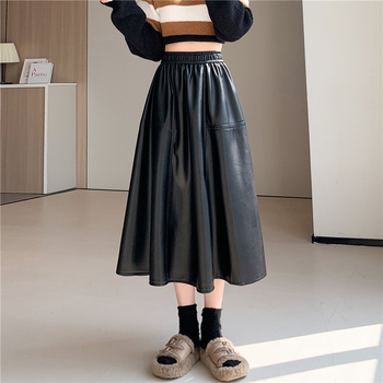 Ženska PU kožna suknja s A-linijom, drapiranog kroja, midi duljine, mikroelastična, casual japansko-korejski stil