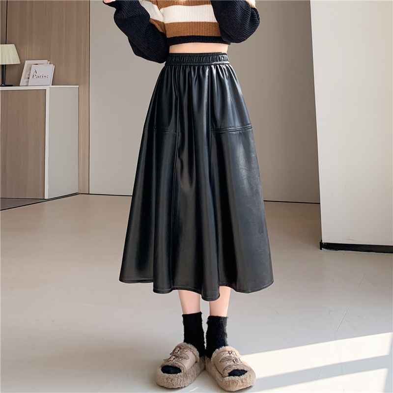 Ženska PU kožna suknja s A-linijom, drapiranog kroja, midi duljine, mikroelastična, casual japansko-korejski stil