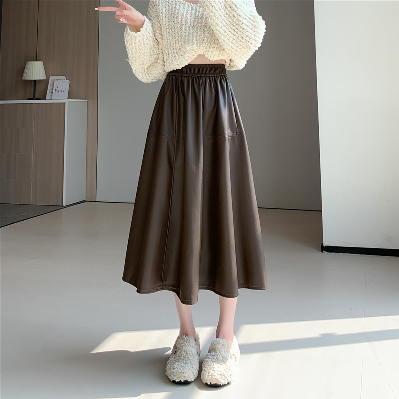 Ženska PU kožna suknja s A-linijom, drapiranog kroja, midi duljine, mikroelastična, casual japansko-korejski stil