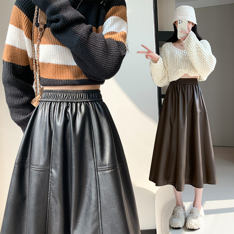 Ženska PU kožna suknja s A-linijom, drapiranog kroja, midi duljine, mikroelastična, casual japansko-korejski stil