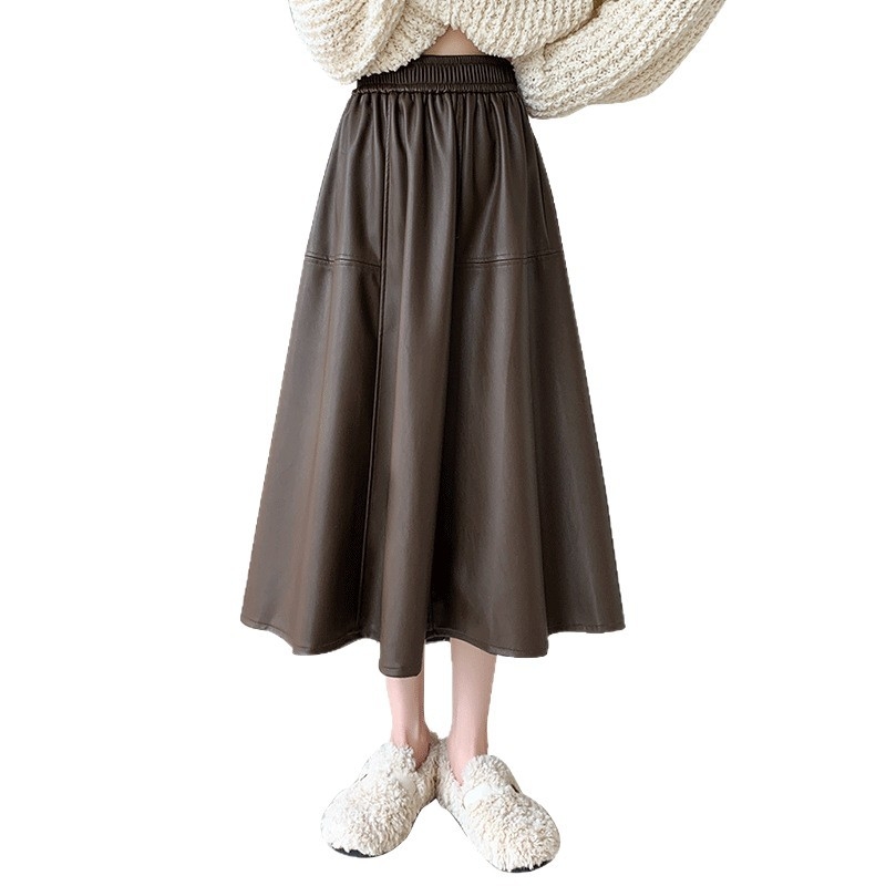 Ženska PU kožna suknja s A-linijom, drapiranog kroja, midi duljine, mikroelastična, casual japansko-korejski stil