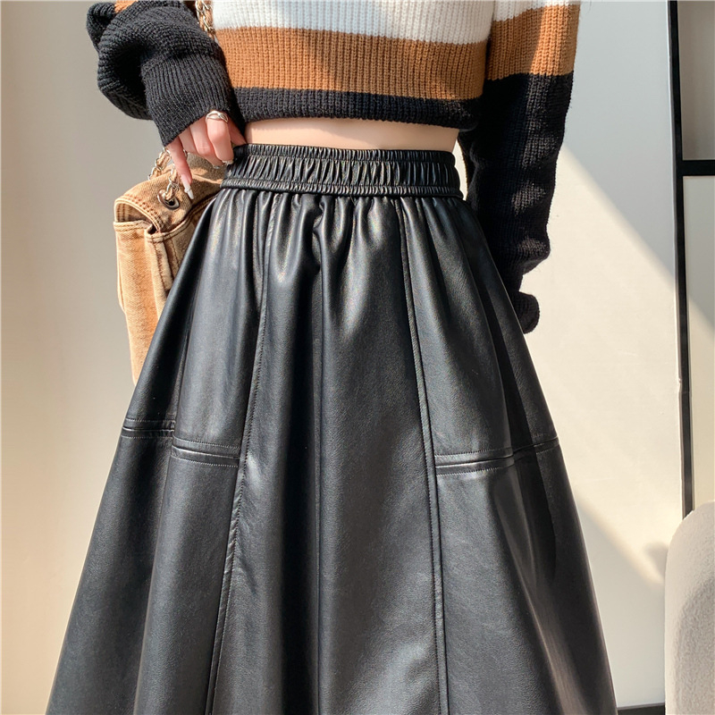 Ženska PU kožna suknja s A-linijom, drapiranog kroja, midi duljine, mikroelastična, casual japansko-korejski stil