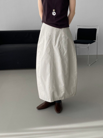 Fustă în stil coreean, siluetă balon cu formă de mugur, talie înaltă, lungime medie, amestec bumbac–tencel