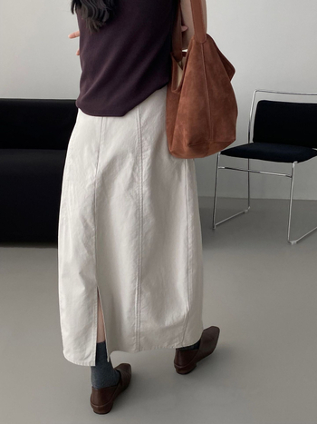 Fustă în stil coreean, siluetă balon cu formă de mugur, talie înaltă, lungime medie, amestec bumbac–tencel