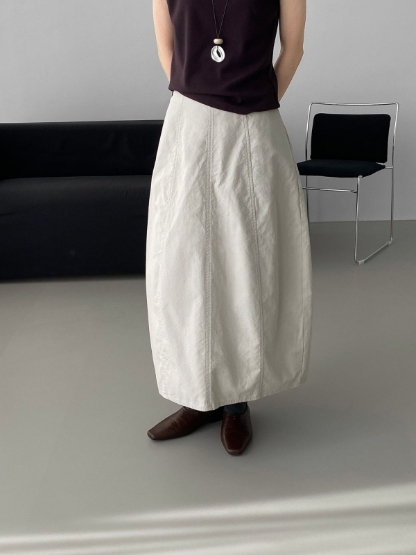 Fustă în stil coreean, siluetă balon cu formă de mugur, talie înaltă, lungime medie, amestec bumbac–tencel