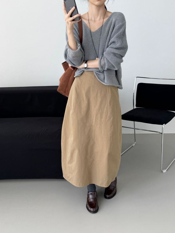 Fustă în stil coreean, siluetă balon cu formă de mugur, talie înaltă, lungime medie, amestec bumbac–tencel