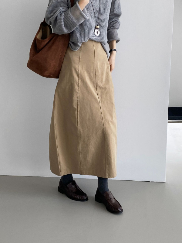 Fustă în stil coreean, siluetă balon cu formă de mugur, talie înaltă, lungime medie, amestec bumbac–tencel