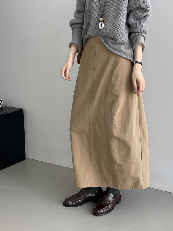 Fustă în stil coreean, siluetă balon cu formă de mugur, talie înaltă, lungime medie, amestec bumbac–tencel