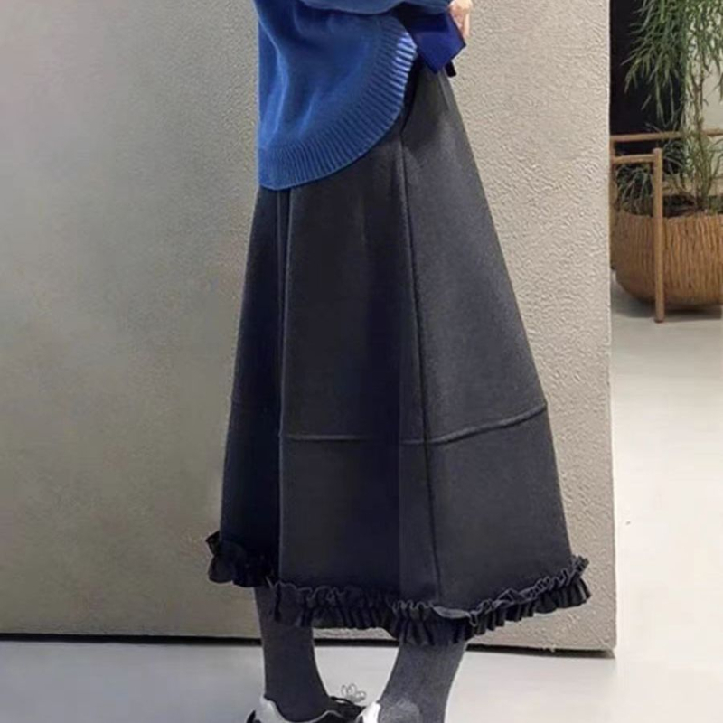 Fustă în linie A, material din bumbac amestecat, lungime midi, cusătură decorativă, Primăvara 2025