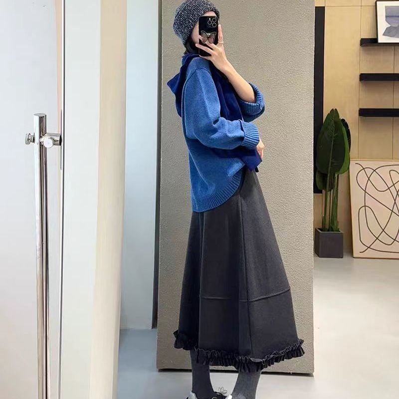 Fustă în linie A, material din bumbac amestecat, lungime midi, cusătură decorativă, Primăvara 2025