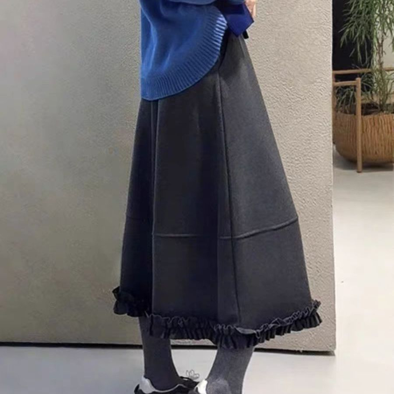 Fustă în linie A, material din bumbac amestecat, lungime midi, cusătură decorativă, Primăvara 2025