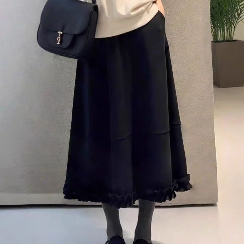 Fustă în linie A, material din bumbac amestecat, lungime midi, cusătură decorativă, Primăvara 2025