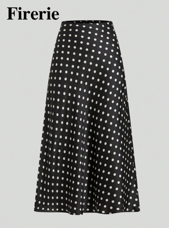 A-linijska midi suknja s točkasti printom, poliester, blago rastezljiva, elegantan stil, pogodna za putovanja, posao i svakodnevno nošenje