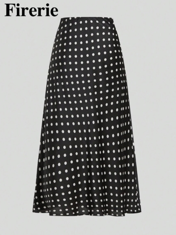 A-linijska midi suknja s točkasti printom, poliester, blago rastezljiva, elegantan stil, pogodna za putovanja, posao i svakodnevno nošenje