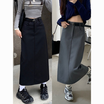 Fustă lungă din poliester, Tip A, cu slit, material elastic