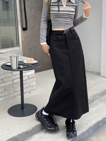 Fustă lungă din poliester, Tip A, cu slit, material elastic